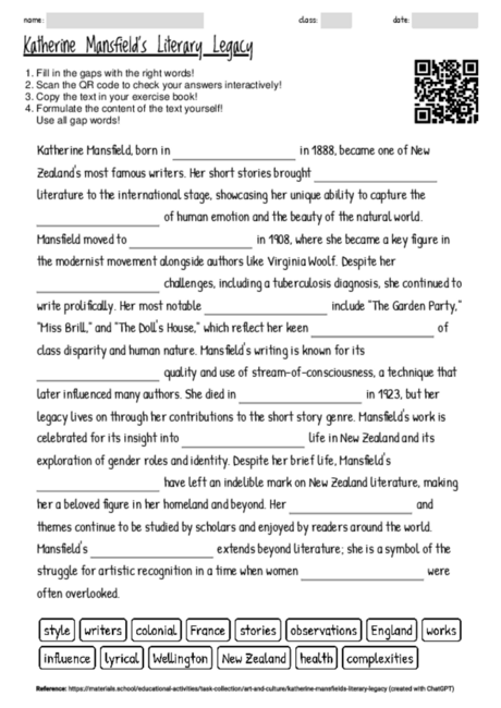 Worksheet with the topic "Katherine Mansfield's Literary Legacy